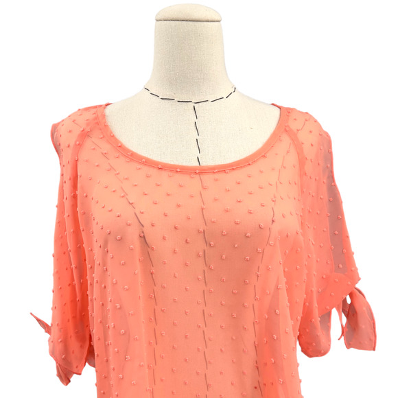 Ivy Jane Swiss Dot Sheer‎ Peach Blouse Cold Shoulder Bow Tied Womens Small - Picture 2 of 8
